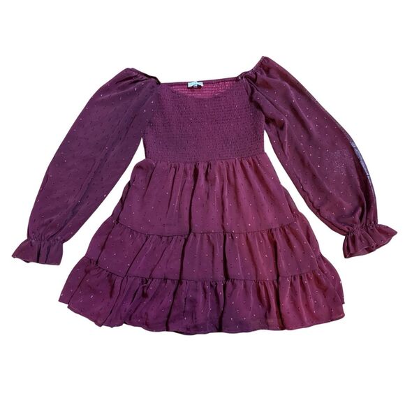 Altar’d State Women’s Vibrant Burgundy Babydoll Tiered Long Sleeve Dress Sparkle - Picture 7 of 10